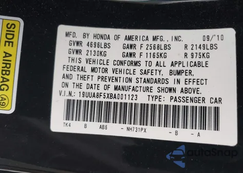 2011 Acura Tl 3.5 из США, поврежденный, VIN 19UUA8F5XBA001123